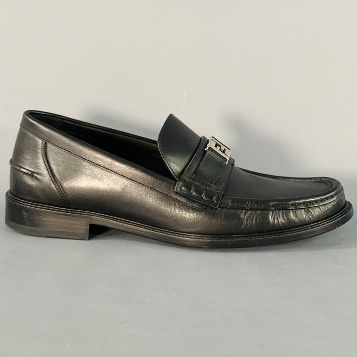 FENDI Size 13 Black Silver Calfskin Leather Monogram Buckle Slip On Loafers