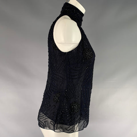 RALPH LAUREN Size 4 Navy Silk Beaded Halter Dress Top