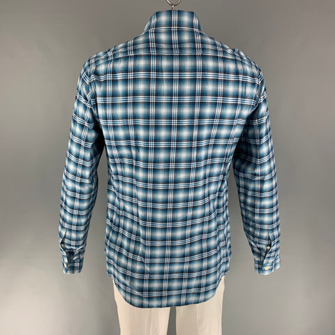 TOM FORD Size XL Blue White Plaid Cotton Flanel Long Sleeve Shirt