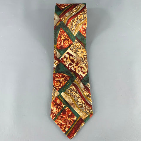 ERMENEGILDO ZEGNA Burgundy Green Abstract Silk Tie