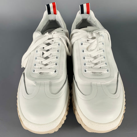 THOM BROWNE Size 8 White Beige Leather Rubber Sole Sneakers