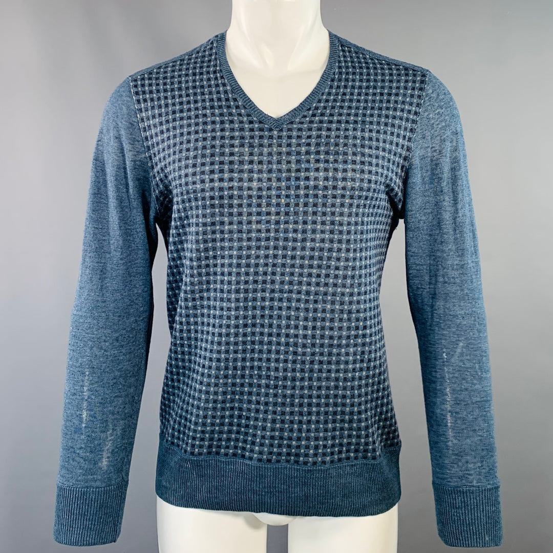 JOHN VARVATOS Size S Blue Grey Black Checkered Linen V-Neck Pullover
