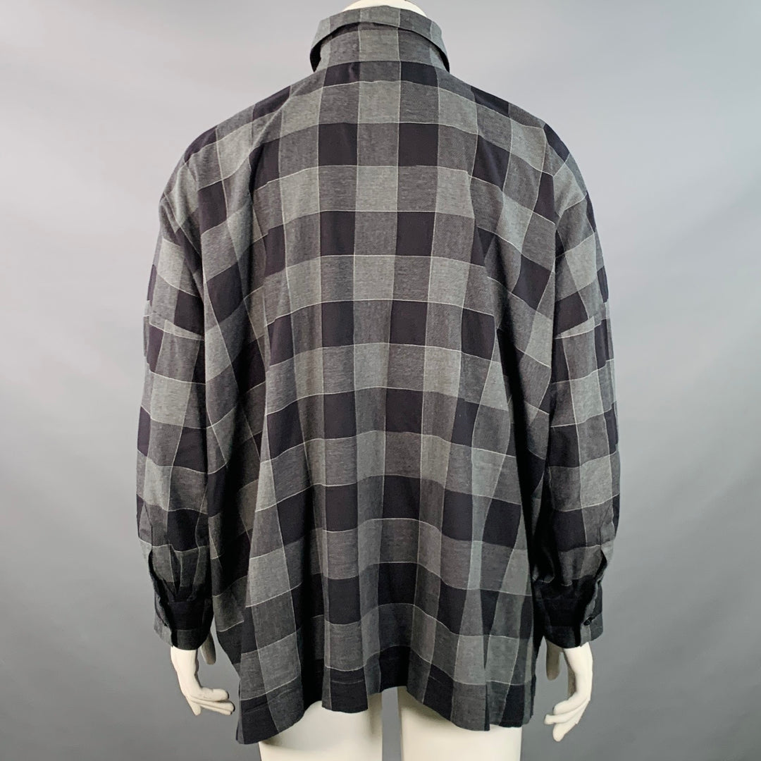 ESKANDAR Size L Black Charcoal Cotton Oversized Checkered Point Collar Shirt