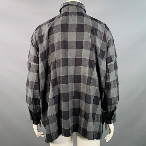 ESKANDAR Size L Black Charcoal Cotton Oversized Checkered Point Collar Shirt