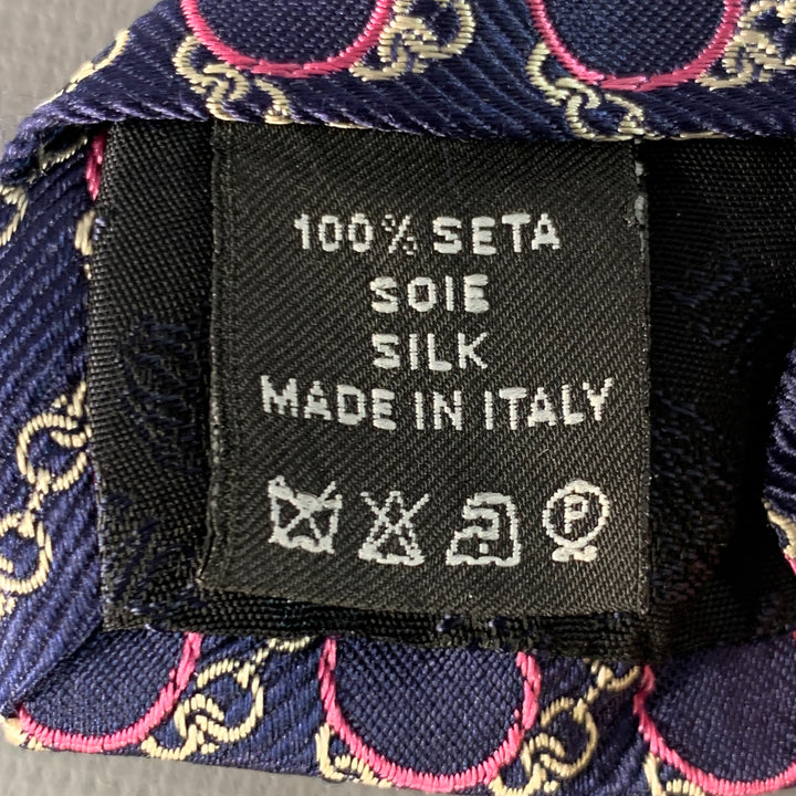VERSACE Navy Pink Chain Link Circles Jacquard Silk Tie