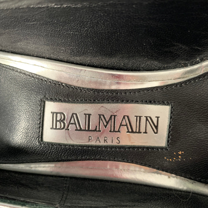 BALMAIN Size 6 Silver Patent Leather Peep Toe Heels Pumps