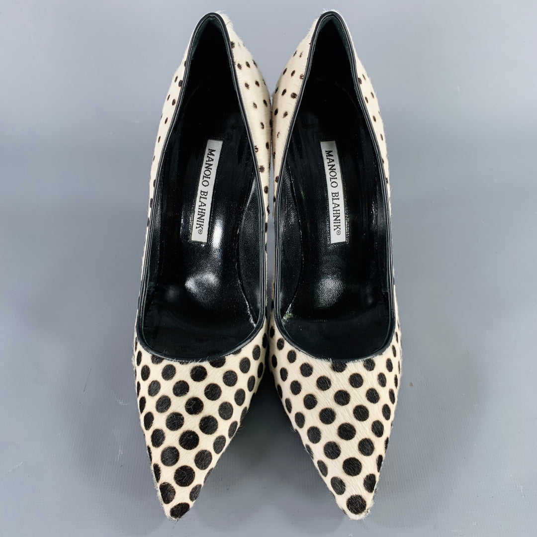 MANOLO BLAHNIK Size 7.5 White Black Dots Pony Hair Stiletto Pumps