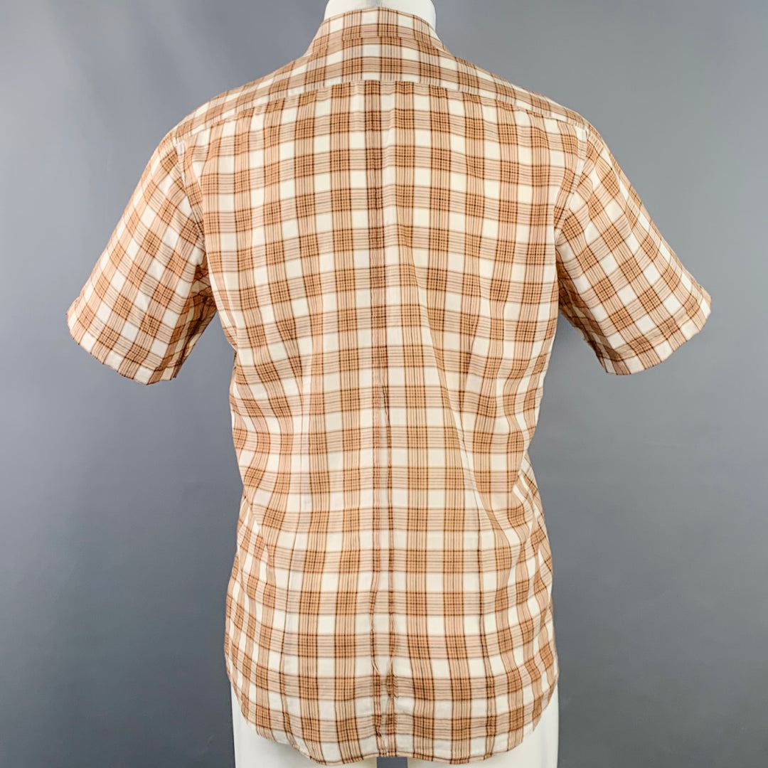 DRIES VAN NOTEN Size M Cream Brown Black Plaid Cotton Sheer Short Sleeve Shirt
