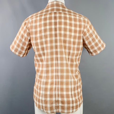 DRIES VAN NOTEN Size M Cream Brown Black Plaid Cotton Sheer Short Sleeve Shirt