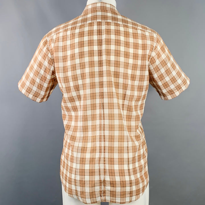 DRIES VAN NOTEN Size M Cream Brown Black Plaid Cotton Sheer Short Sleeve Shirt