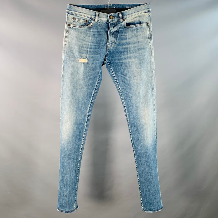 SAINT LAURENT Size 30 Blue Distressed Cotton Blend Twill Slim Tapered Jeans