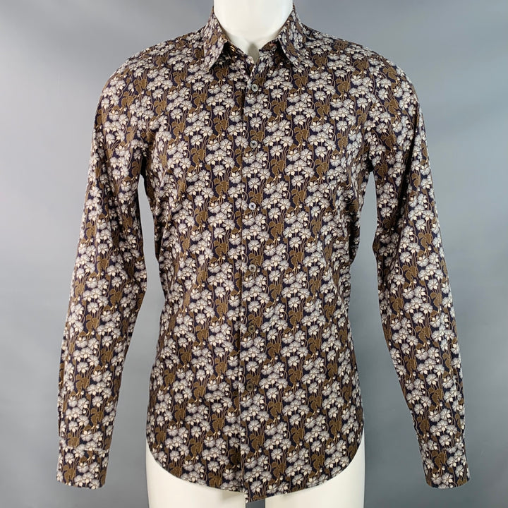 PAUL SMITH Size M Navy Brown Blue Floral Cotton Long Sleeve Shirt
