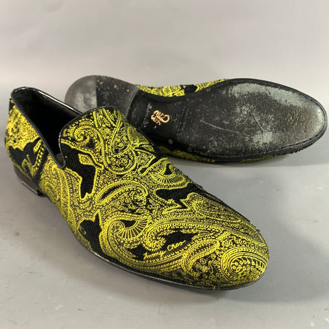 JIMMY CHOO Size 9 Black Neon Yellow Paisley Slip On Loafers