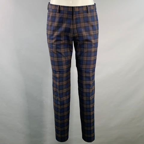 Costume croisé en laine à revers crantés PAUL SMITH, taille 38, motif écossais bleu marine et marron