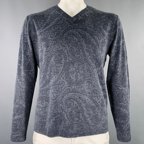ROBERT GRAHAM Size L Grey Charcoal Paisley Wool Cashmere V-Neck Pullover