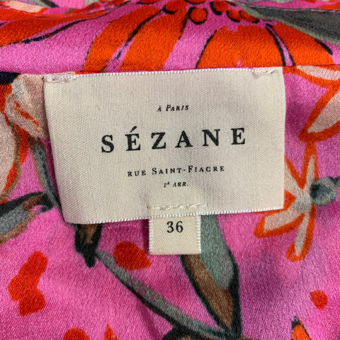 SEZANE Size 4 Pink Multi Color Silk Flower One Pocket Blouse