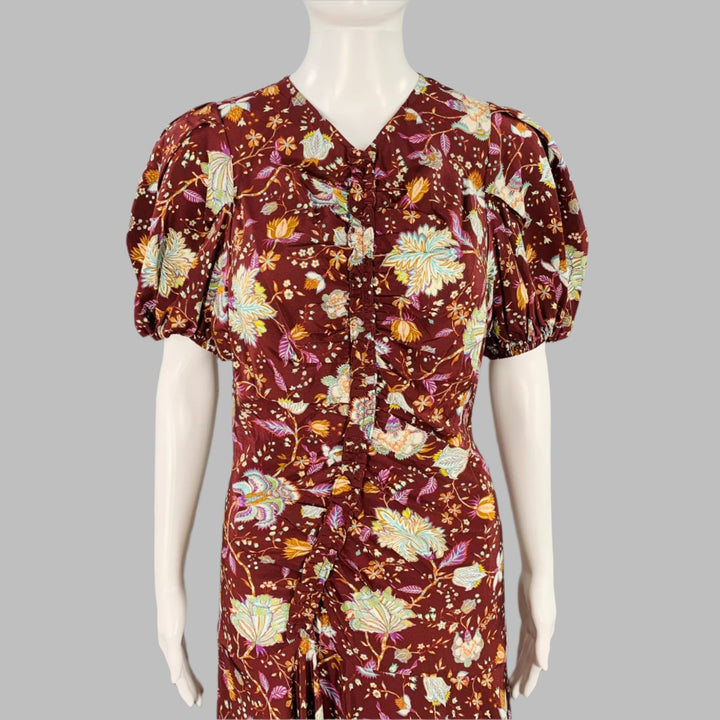 ULLA JOHNSON Size 4 Heleen Burgundy Multi Color Silk Floral Short Sleeve Dress