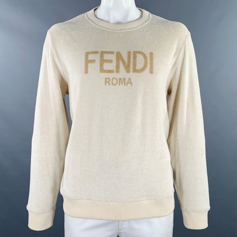 FENDI Size XL Khaki Terrycloth Cotton Blend Crew Neck Sweatshirt