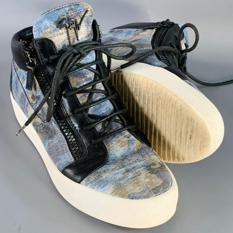 GIUSEPPE ZANOTTI Size 10 Black Blue Camo Canvas High Top Sneakers