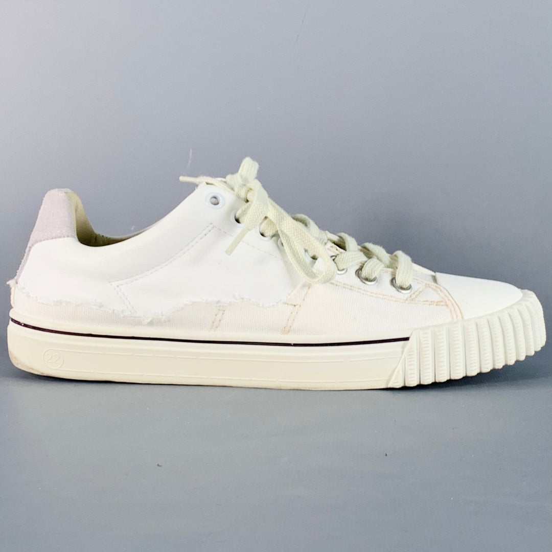MAISON MARGIELA NEW EVOLUTION Size 5 White Leather Canvas Distressed Low Top Sneakers
