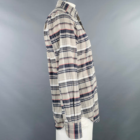 THOM BROWNE Size L Grey Taupe Plaid Cotton One pocket Long Sleeve Shirt