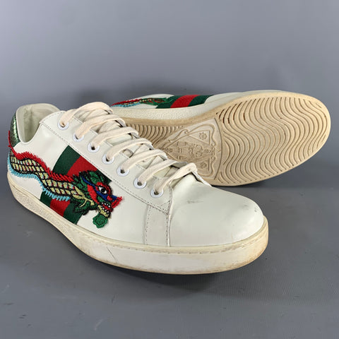 GUCCI Size 11.5 White Green & Red Applique Leather Lace Up Sneakers