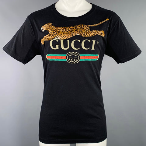 GUCCI Size S Black Multi Color Logo Short Sleeve T-shirt