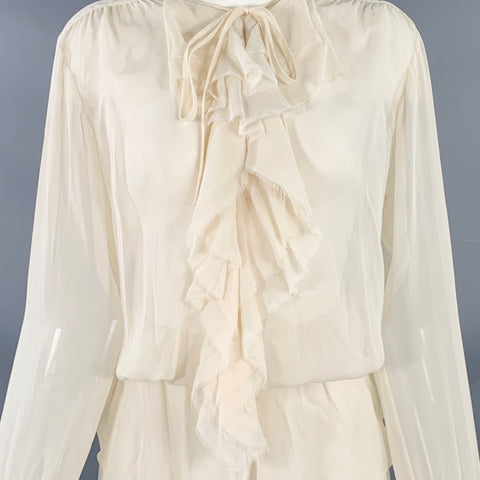 VINCE Size M Cream Silk Chiffon Ruffled Elastic Waistband Casual Top