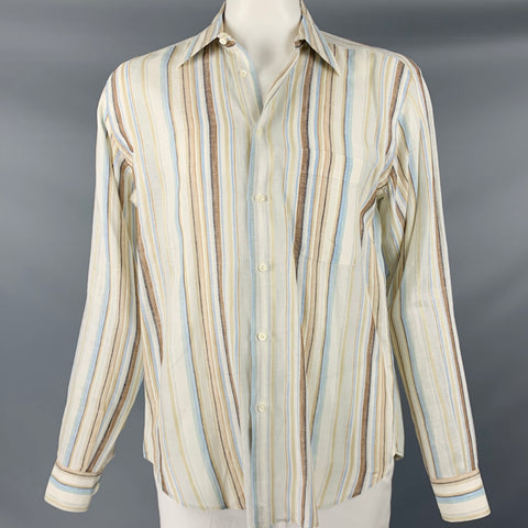 BRIONI Size L Beige Multi Color Stripe Linen Button Up Long Sleeve Shirt