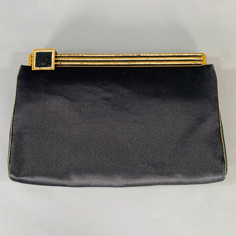 JUDITH LEIBER Black Gold Silk Rhinestones Clutch Handbag