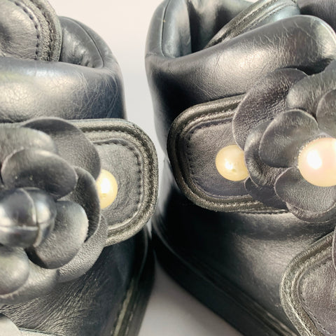 CHANEL Size 7 Black Leather Camellias Faux Pearls Applique High Top Sneakers