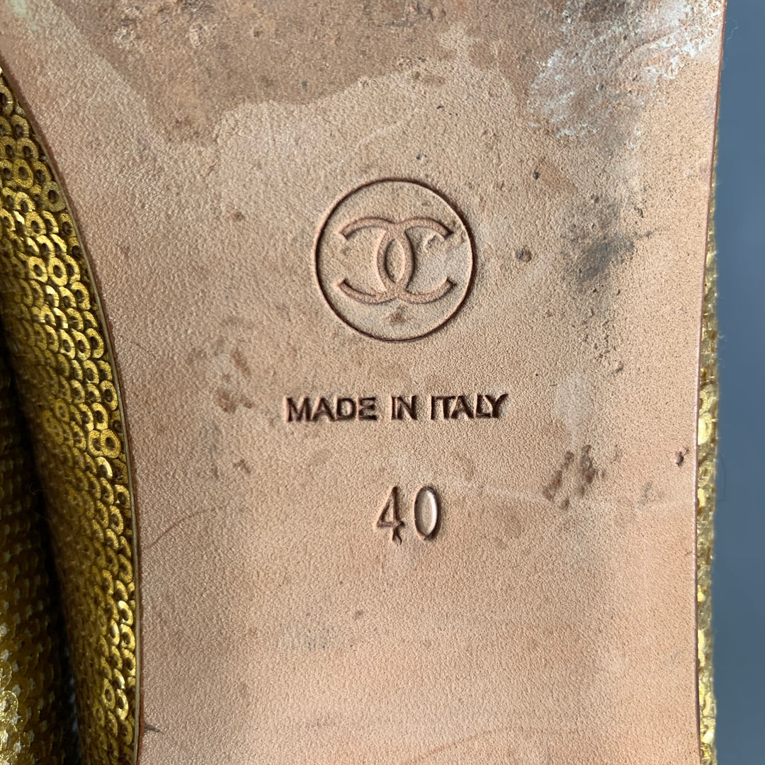 CHANEL Size 10 Gold Sequined Ballet Flats