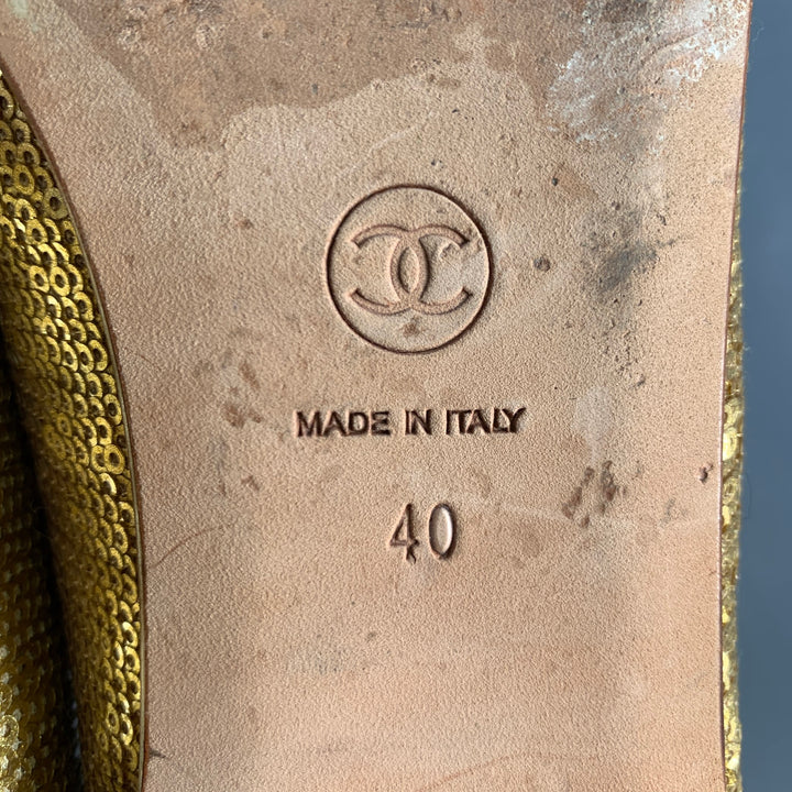 CHANEL Size 10 Gold Sequined Ballet Flats
