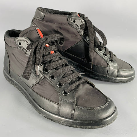 PRADA Size 7 Black Mixed Fabrics Nylon Leather Lace-Up Sneakers