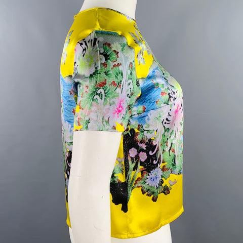 PREEN Size L Yellow Multi Color Silk Floral T-Shirt
