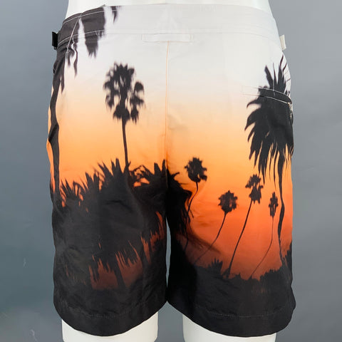 ORLEBAR BROWN Size M Bulldog White Black Orange Trees Polyester Buckle Swim Trunks
