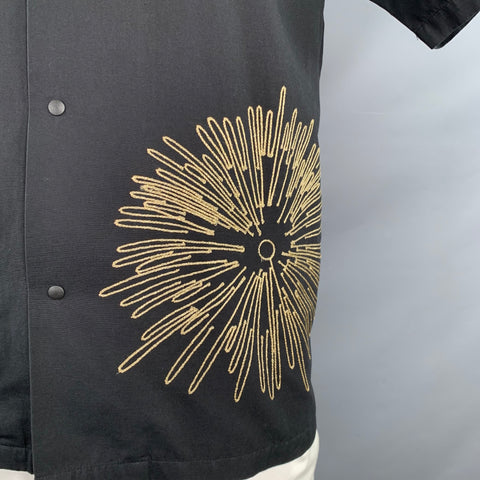 SASQUATCHfabrix Size XL Black Gold Embroidery Cotton Linen Short Sleeve Shirt