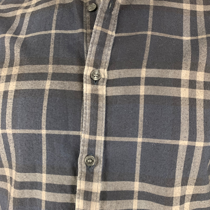 BURBERRY Size L Navy Grey Plaid Cotton Button Up Long Sleeve Shirt