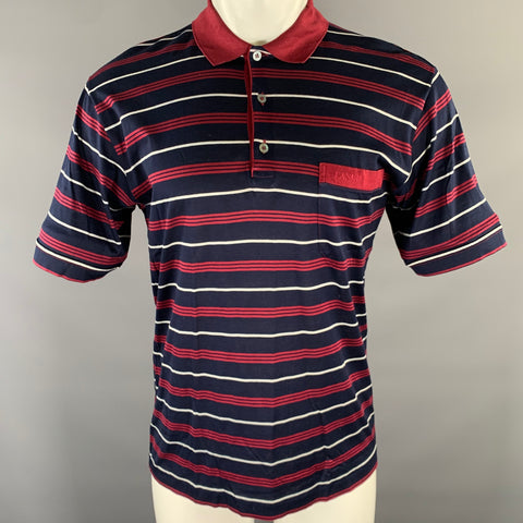 LANVIN Size M Navy Burgundy White Horizontal Stripe Cotton Polo