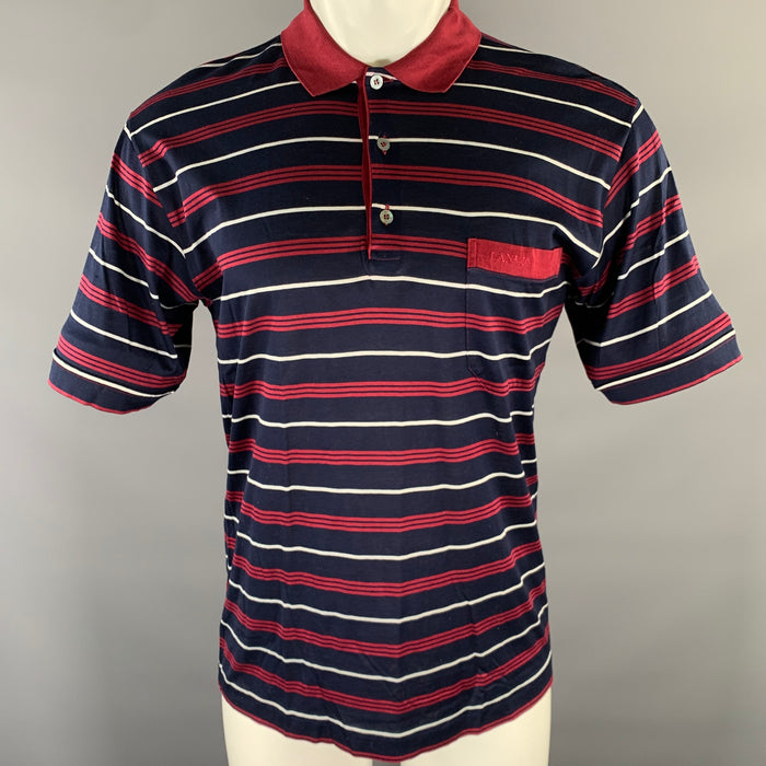 LANVIN Size M Navy Burgundy White Horizontal Stripe Cotton Polo