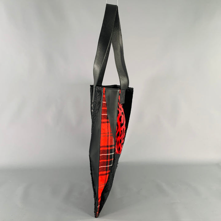 JUNYA WATANABE Black Red Mixed Materials Faux Fur Tote Handbag