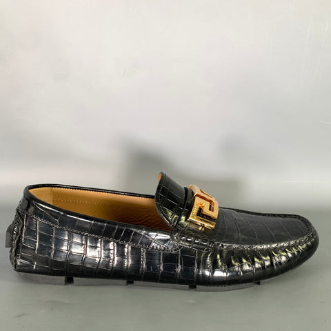VERSACE Size 10 Black Gold Embossed Leather Slip On Loafers