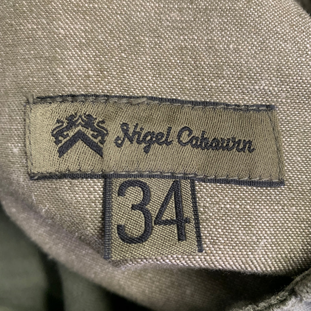 NIGEL CABOURN Size 34 Green Olive Twill Cotton Linen Button Fly Casual Pants