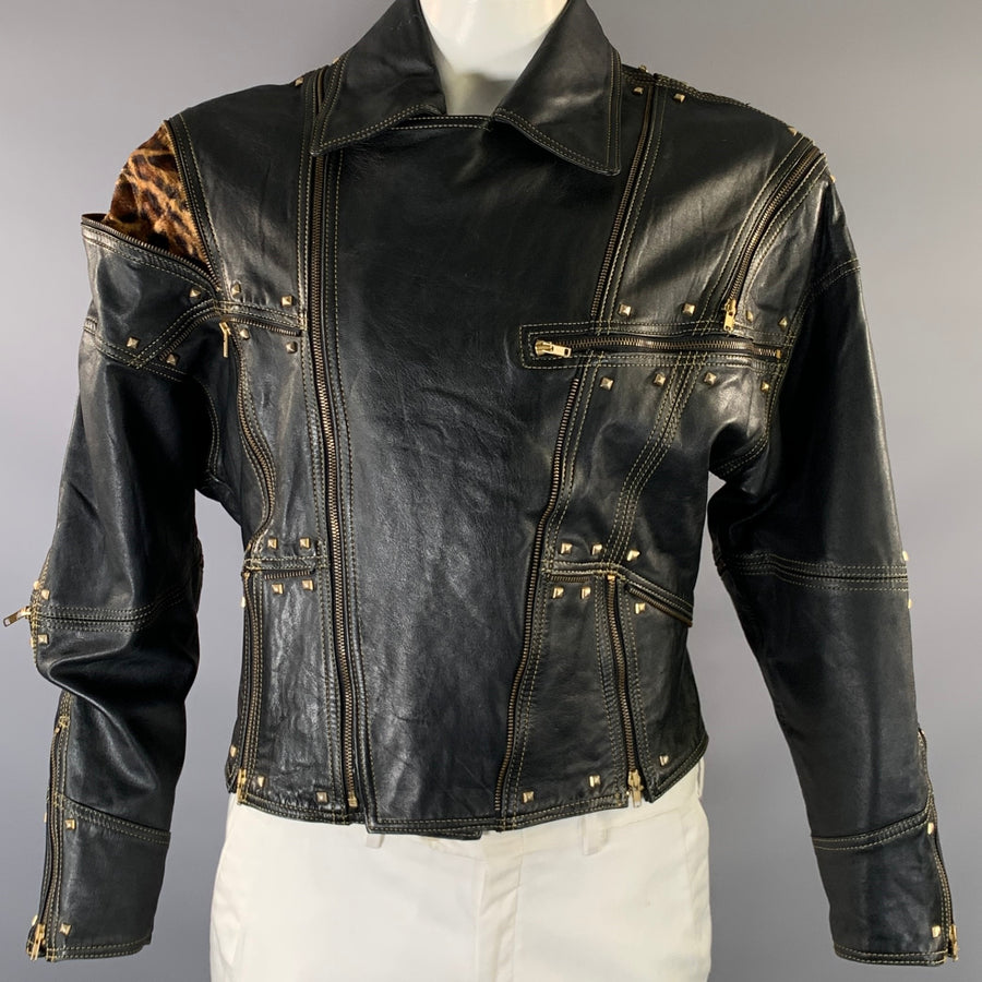 FICCE Size 40 Black Studded Leather Biker Jacket
