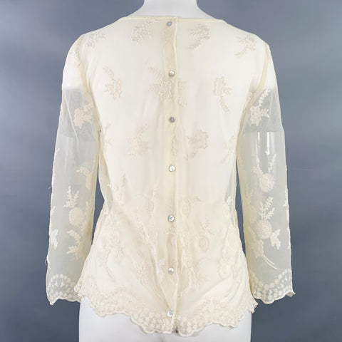 VINTAGE Size M Cream Embroidered Lace 3/4 Sleeves Blouse