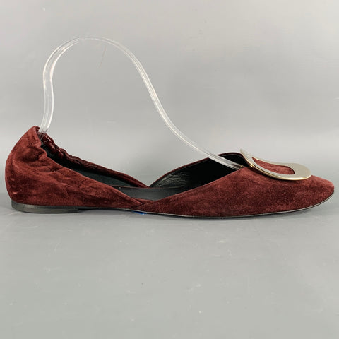 ROGER VIVIER Size 10 Burgundy Silver Buckle Suede Flats