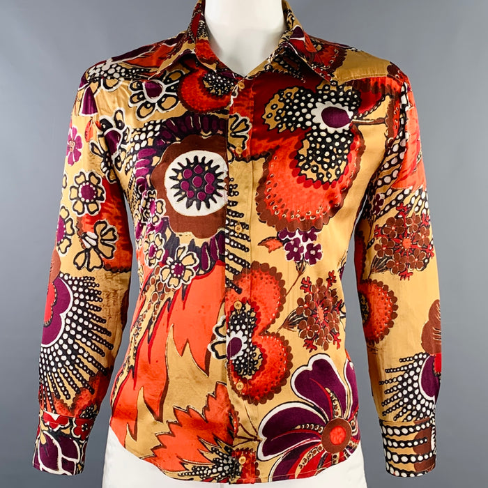 JUST CAVALLI Size L Red Yellow Abstract Floral Silk Western Long Sleeve Shirt