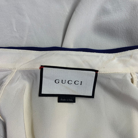 GUCCI Size 2 Cream Red Blue Silk Embellishment Pussybow Honeybees Blouse