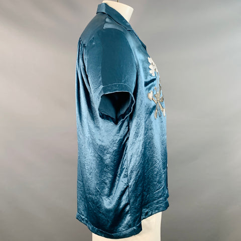 GOODFIGHT Size L Blue Grey Venus Fly Trap Embroidery Satin Camp Short Sleeve Shirt