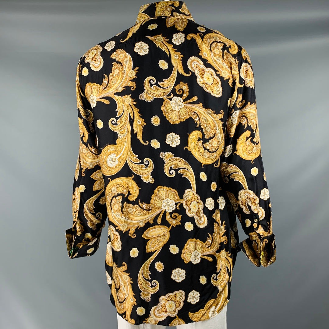 BILLIONAIRE COUTURE Size XL Black Gold Paisley Silk Long Sleeve Shirt